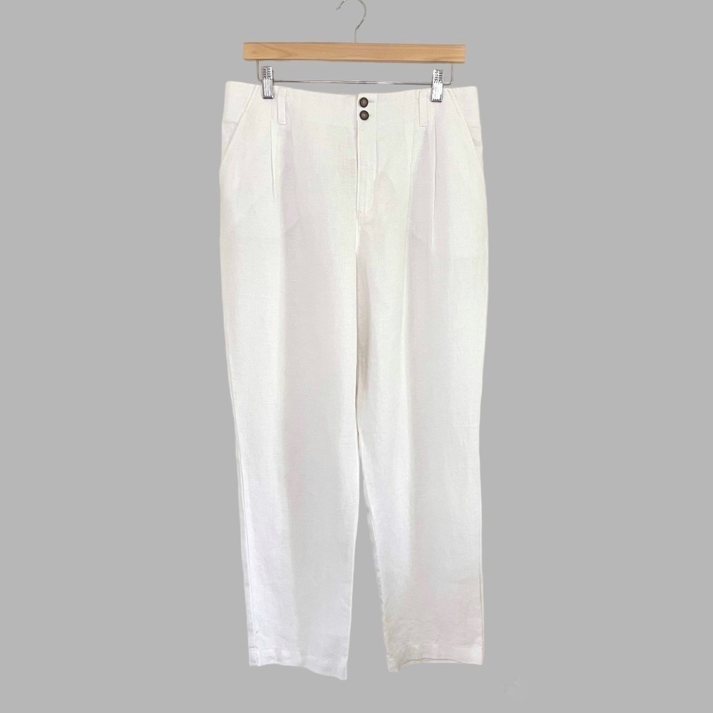 Garnet Hill High Waist Pleat Front Straight Leg Linen Trouser Pant White 12
